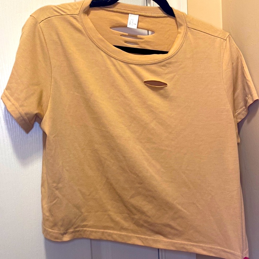 Tan/yellow cropped shirt with torn effect on front and back